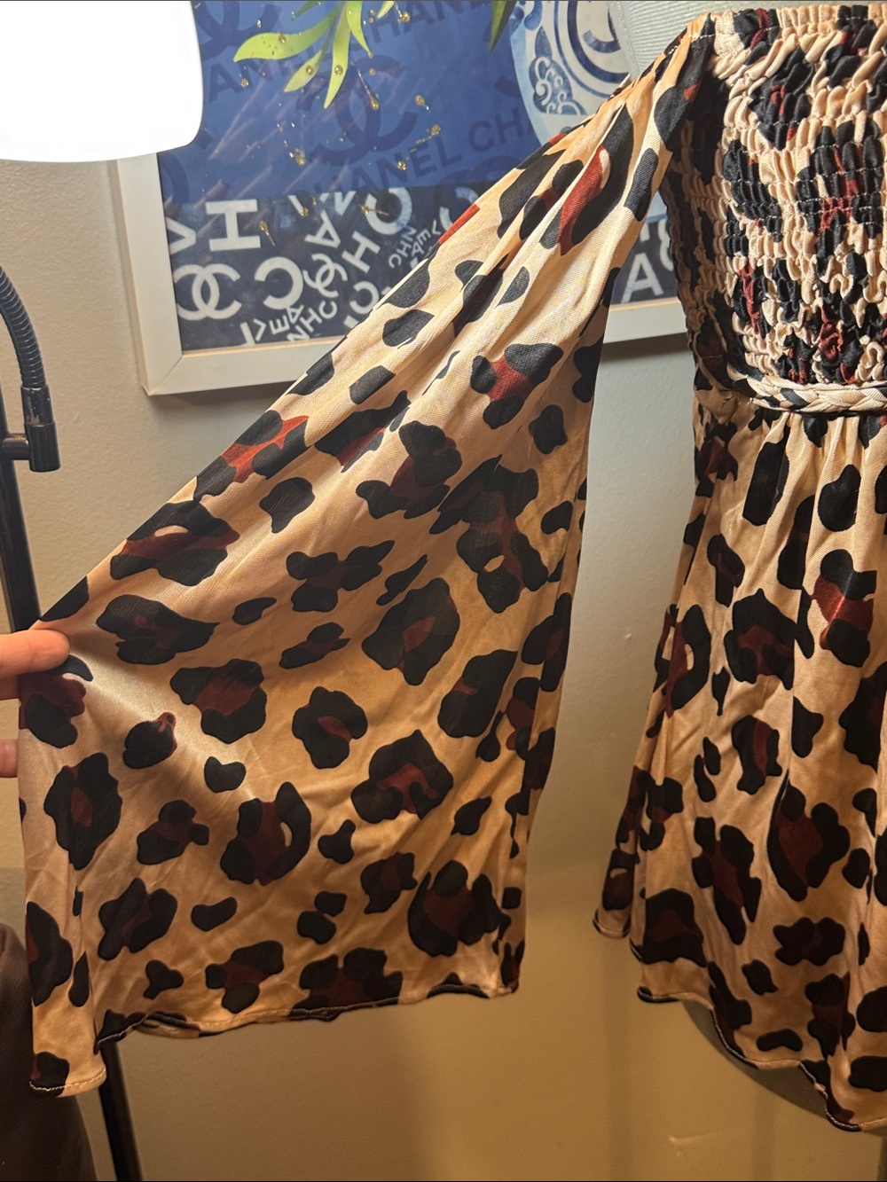 Sky Leopard Print Smocked Off-Shoulder Top - Beige & Brown - Picture 3 of 5